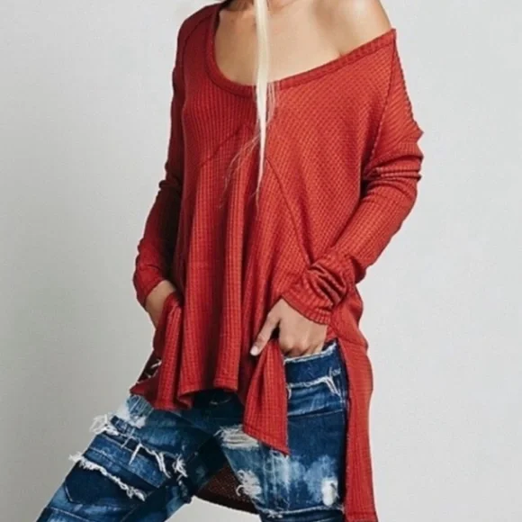 Free People Drippy Thermal Sunset Park Top Dark Rust Red Long Sleeve Waffle Knit - Picture 1 of 9